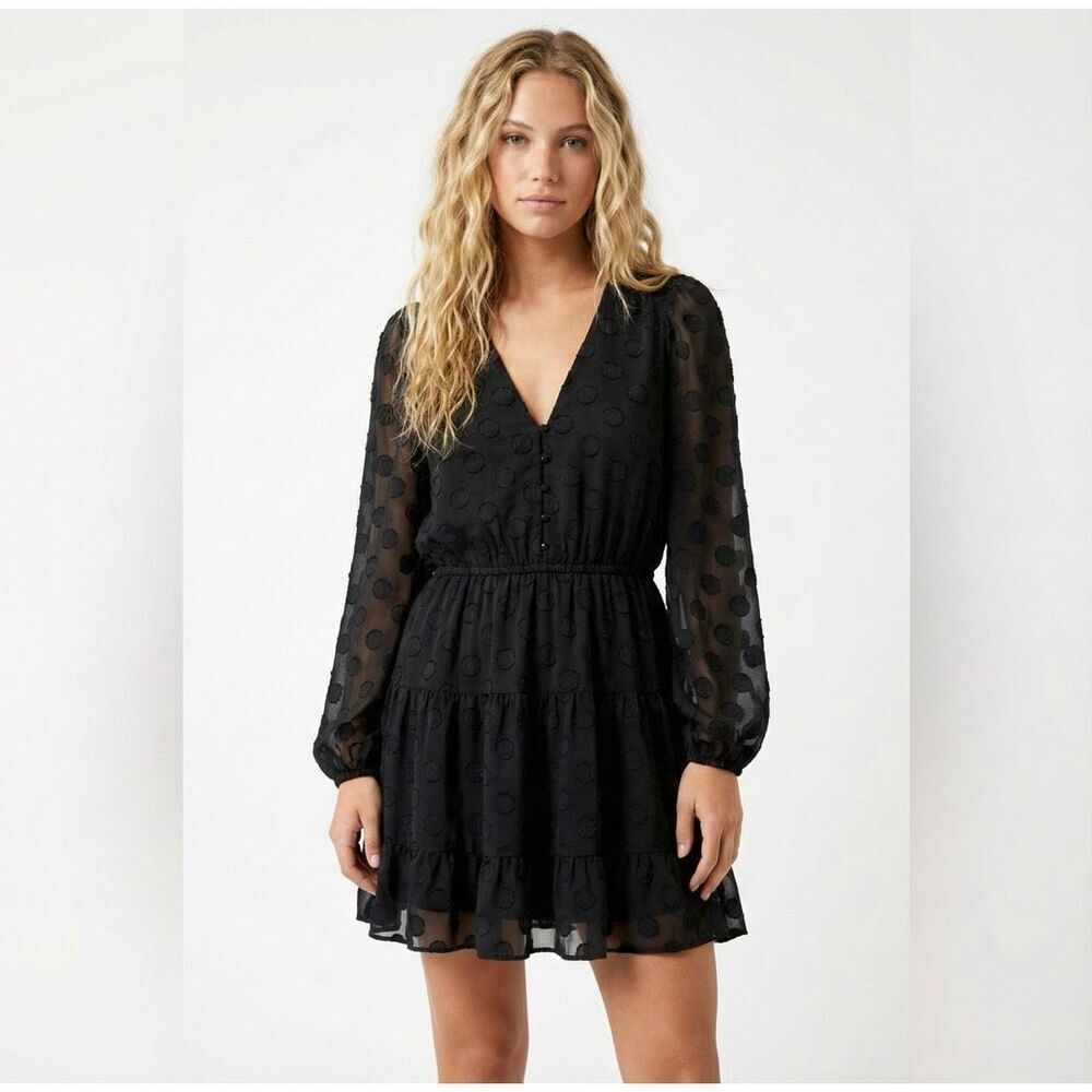 Le Superbe Black Sheer Long Sleeve V-Neck Tiered Ruffle Mini Dress 6 Polka Dot